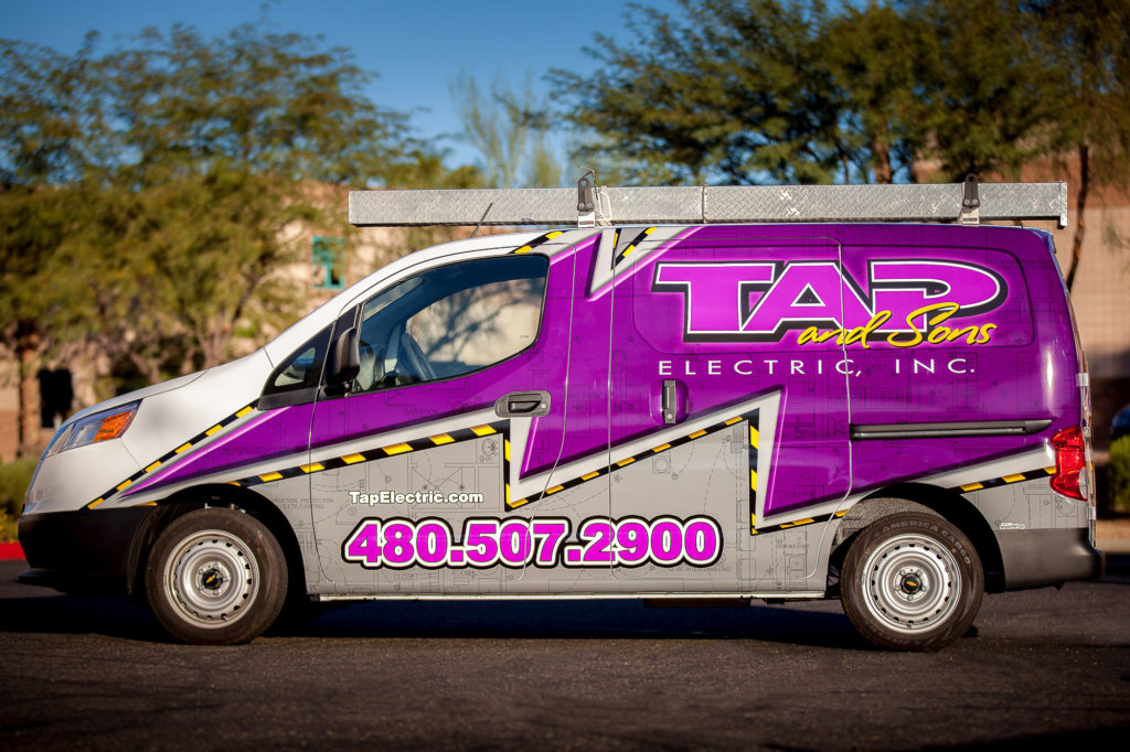 Purple, grey, and yellow lightning bolt vehicle wrap design for Tap and Sons Electric